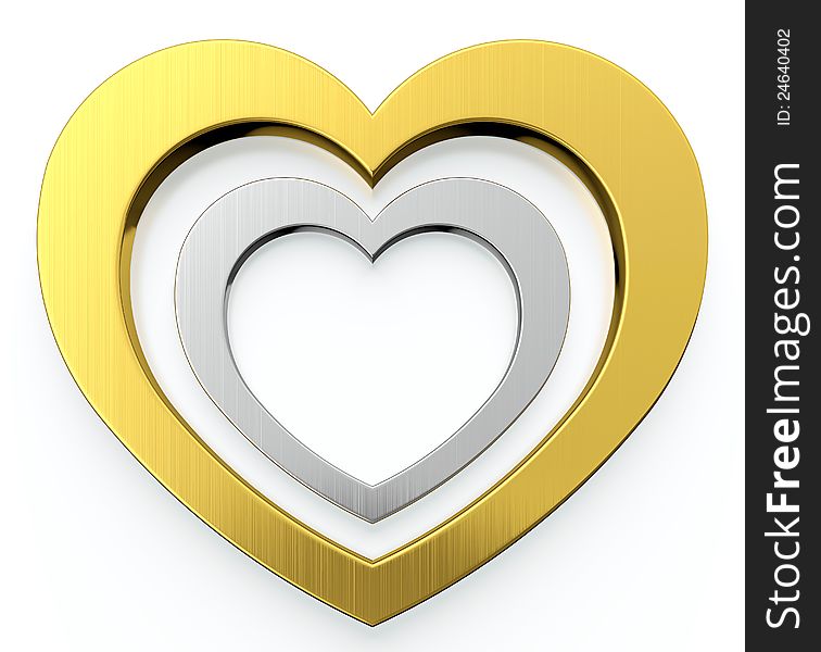 Golden heart and silver heart in center of it on white background. Golden heart and silver heart in center of it on white background