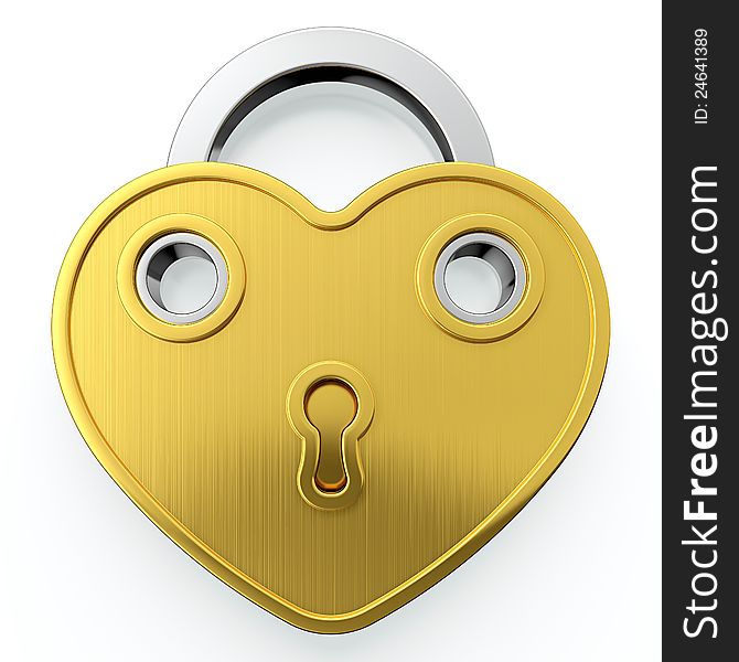 Golden padlock in form of heart on white background