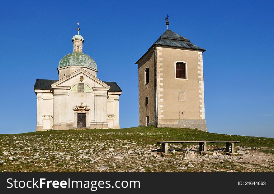 Town of Mikulov in Czech Republic with church and stations of cross