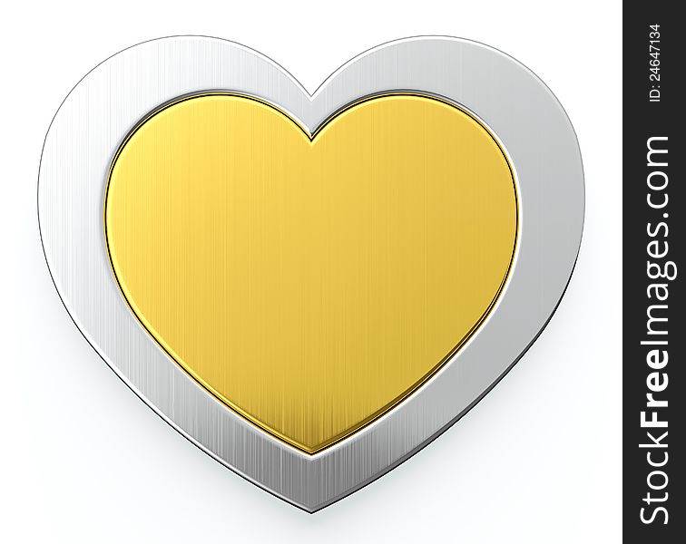 Golden heart in center of silver heart on white background. Golden heart in center of silver heart on white background