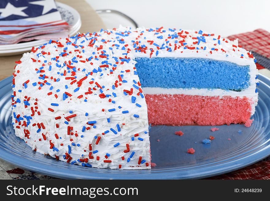 Red white and blue cake on a platter. Red white and blue cake on a platter