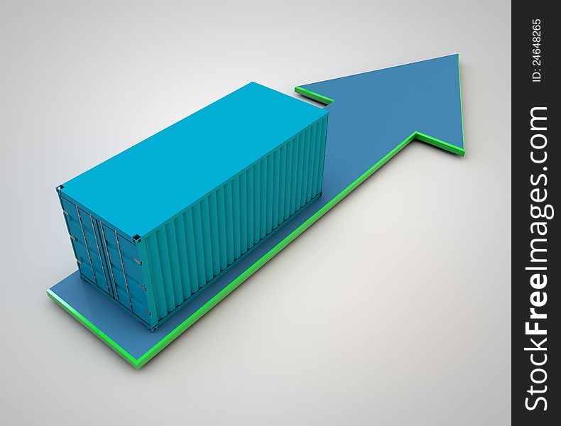 Unmarked shipping container on blue arrow. Unmarked shipping container on blue arrow