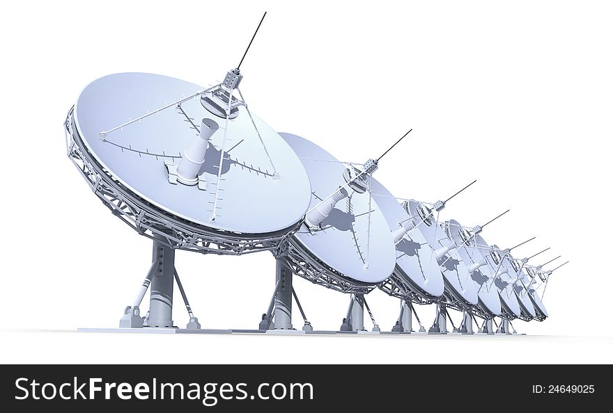 Radio telescopes isolated on white background, 3d render, work path included