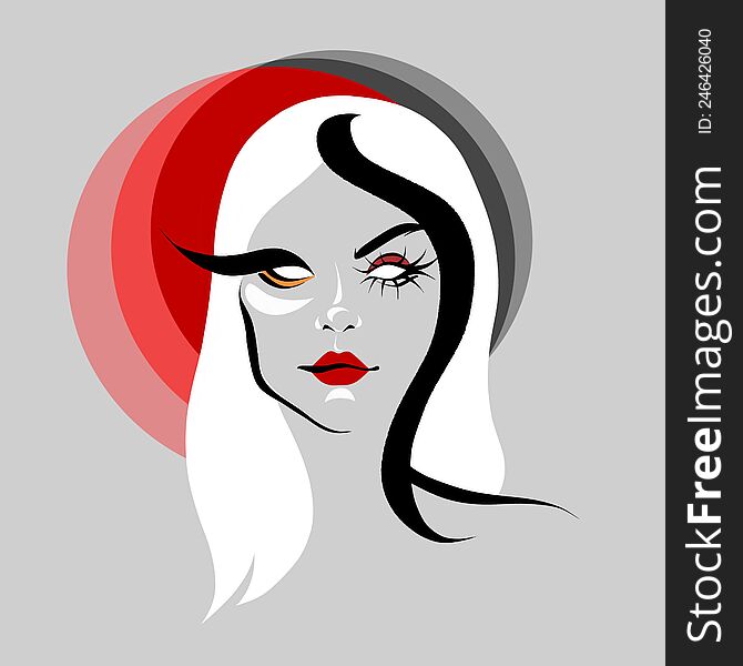 Abstract Colored Portrait Of A Pretty Woman With White Straight Hair, Asymmetrical Face And Bright Makeup.