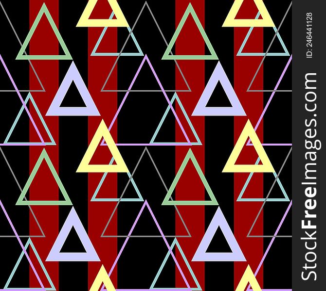 Continuous Geometric Pattern On Striped Background, Black And Red Seamless Pattern With Triangles