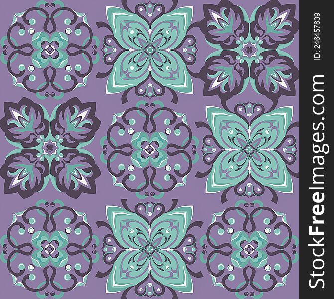 Seamless vintage pattern with an effect of attrition. Patchwork carpet. Hand drawn seamless abstract pattern from tiles. Azulejos tiles patchwork. Portuguese and Spain decor