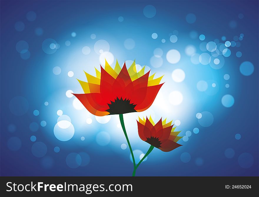 Beautiful red and orange spring daisy flowers against bright light, blue background with bokeh. Beautiful red and orange spring daisy flowers against bright light, blue background with bokeh.