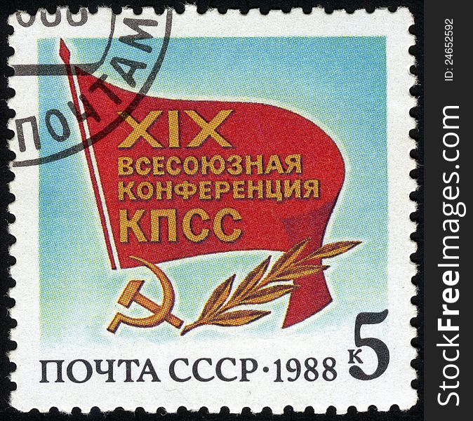 Stamp printed in USSR devoted to the nineteenth all-Union conference of communist party of the USSR circa 1988