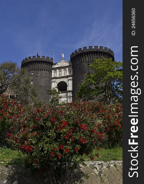 View of the Maschio Angioino Castle of Naples with the flowering plants in spring. View of the Maschio Angioino Castle of Naples with the flowering plants in spring.