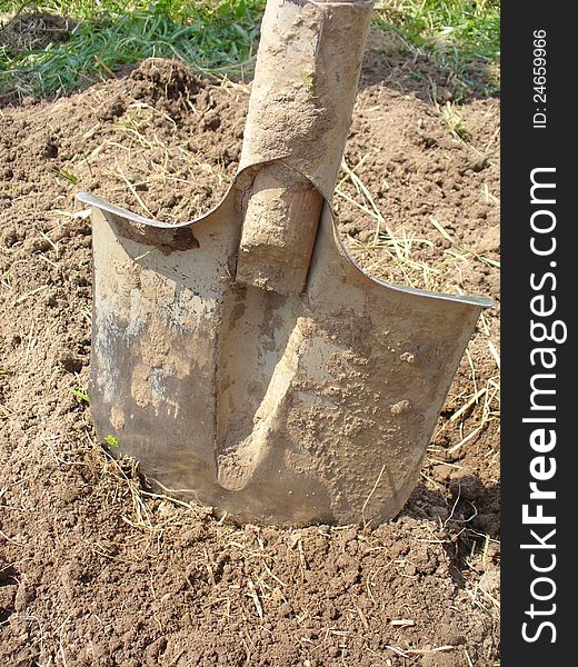 Old shovel in soil (close up ). Old shovel in soil (close up )