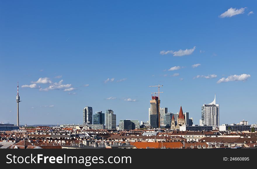 Vienna Skyline 2nd district (called Leopoldstadt) in front and 22nd district in the back. View from Vienna's Landmark the historic Giant Wheel in the Prater Park.