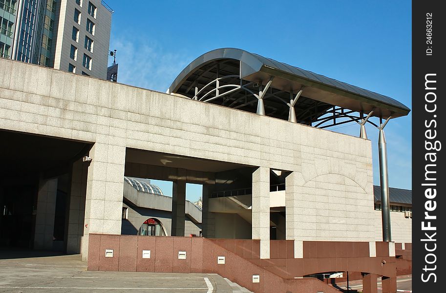 Entry into a modern urban architecture business complex. Entry into a modern urban architecture business complex