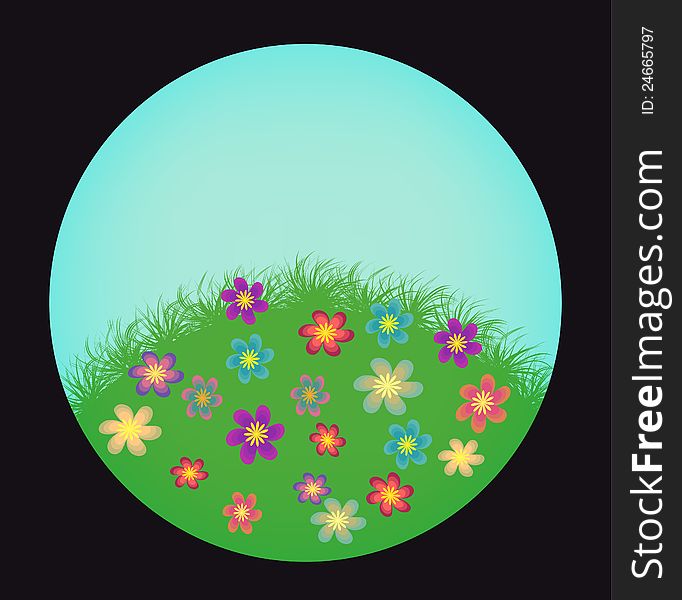 Round shape with flowering meadow with black background. Round shape with flowering meadow with black background