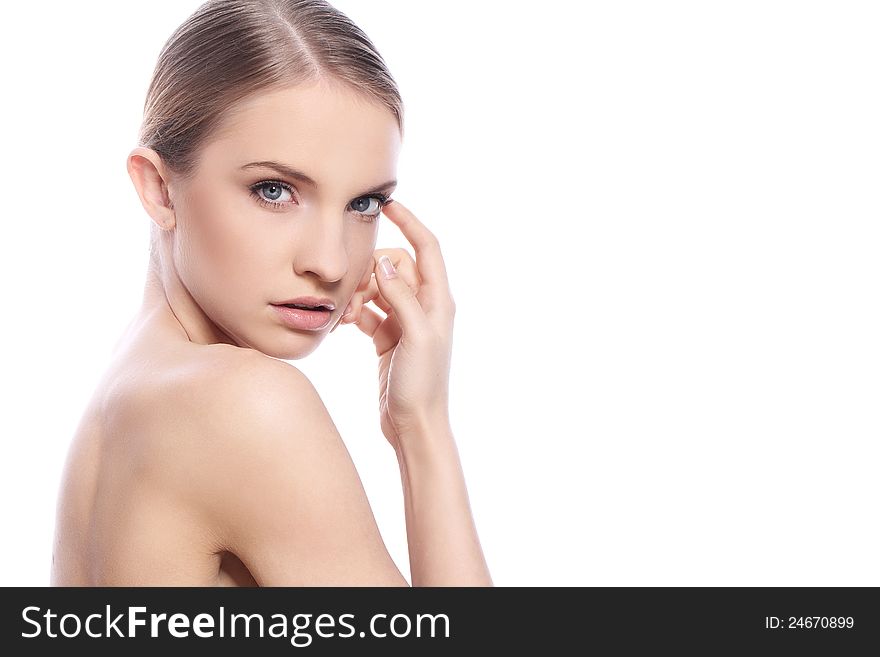 Beautiful Woman With Clean Face Over White Background