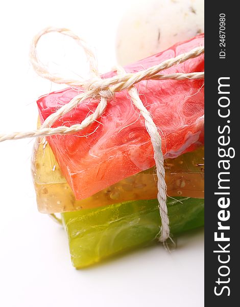 Colorful natural soap on white background