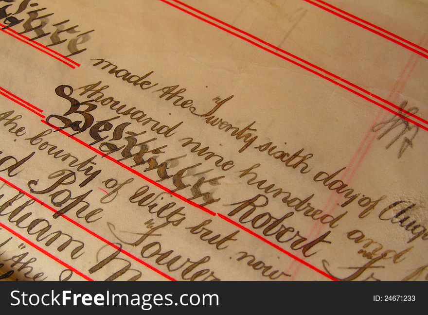 Close up of handwritten title deed. Close up of handwritten title deed