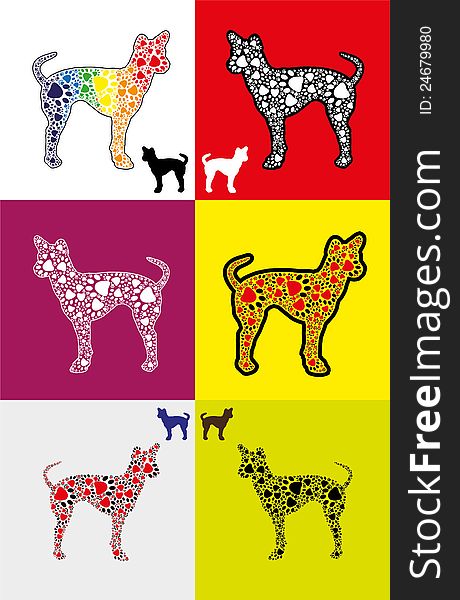Silhouette of dog with footprints in various sizes and colors - common colors to rainbow colors. Silhouette of dog with footprints in various sizes and colors - common colors to rainbow colors.