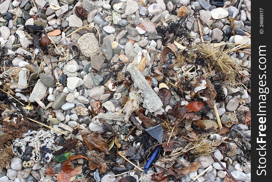 Polluted beach close-up with mixture of vegetal and plastic wastes. Polluted beach close-up with mixture of vegetal and plastic wastes