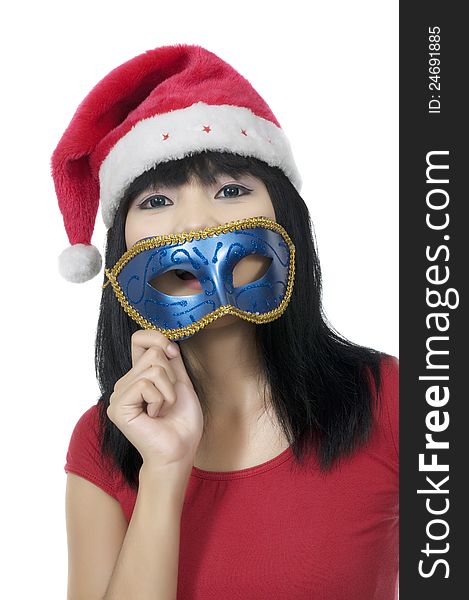 Young woman wearing mask on the christmas. Shoot over white backgorund. Young woman wearing mask on the christmas. Shoot over white backgorund