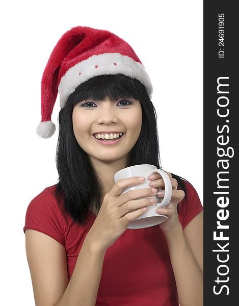 Beautiful asian woman celebrate christmas with drink hot coffee. Beautiful asian woman celebrate christmas with drink hot coffee