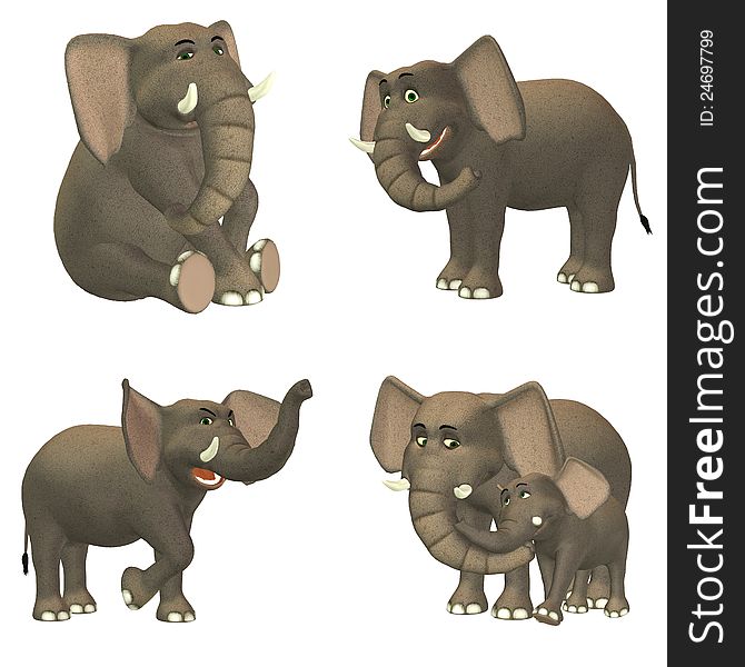 Illustration of a pack of four (4) elephants with different poses and expressions isolated on a white background. Illustration of a pack of four (4) elephants with different poses and expressions isolated on a white background