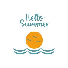 Hand Drawn Lettering Hello Summer With Doodle Yellow Sun, Turquoise Sea. Bright  Illustration Isolated On White Background Stock Photography