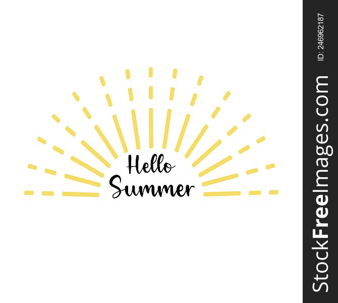 Vector illustration: Hand drawn lettering Hello Summer composition with doodle sun. Illustration isolated on white background