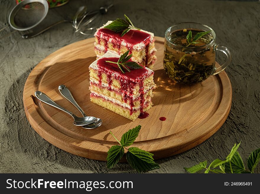 Delicious Dessert Biscuit With Raspberries And Green Fragrant Tea, Home Decor, Gray Background