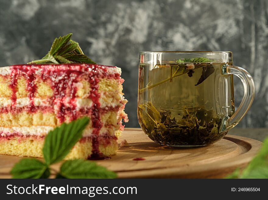 Delicious Dessert Biscuit With Raspberries And Green Fragrant Tea, Home Decor, Gray Background