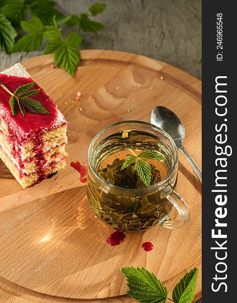 Delicious Dessert Biscuit With Raspberries And Green Fragrant Tea, Home Decor, Gray Background