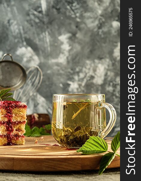 Delicious Dessert Biscuit With Raspberries And Green Fragrant Tea, Home Decor, Gray Background