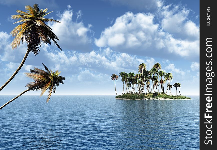 Coconut palm trees on a small island - digital artwork. Coconut palm trees on a small island - digital artwork