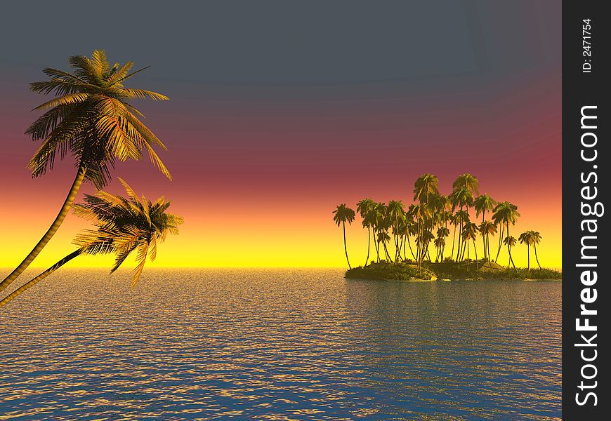 Sunset coconut palm trees on small island - 3d illustration.