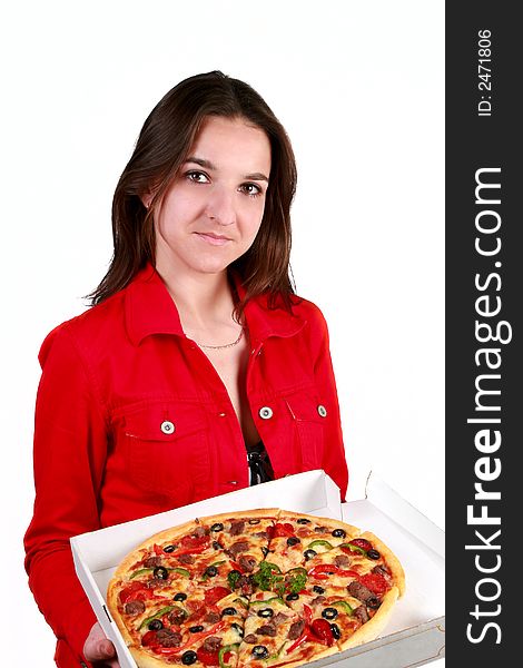 Young cheerful girl with box of pizza. Young cheerful girl with box of pizza.