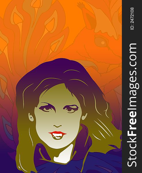 Beautiful haired woman portrait in graphic illustration with orange ground. Beautiful haired woman portrait in graphic illustration with orange ground