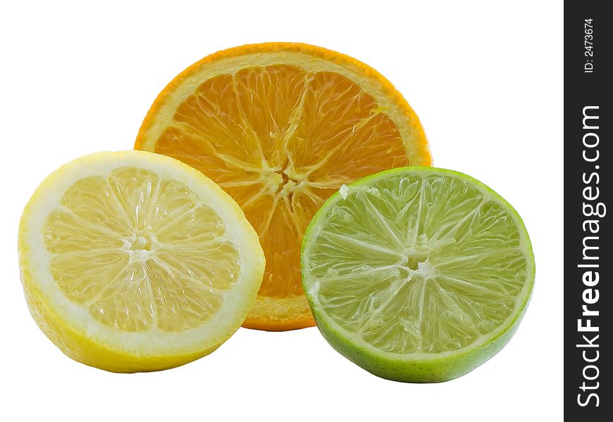 Sliced orange, lemon, and lime isolated on a white background. Sliced orange, lemon, and lime isolated on a white background