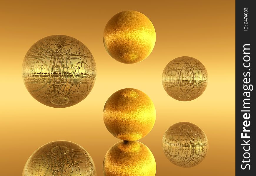 Yellow spheres reflected a smooth surface - 3d scene. Yellow spheres reflected a smooth surface - 3d scene