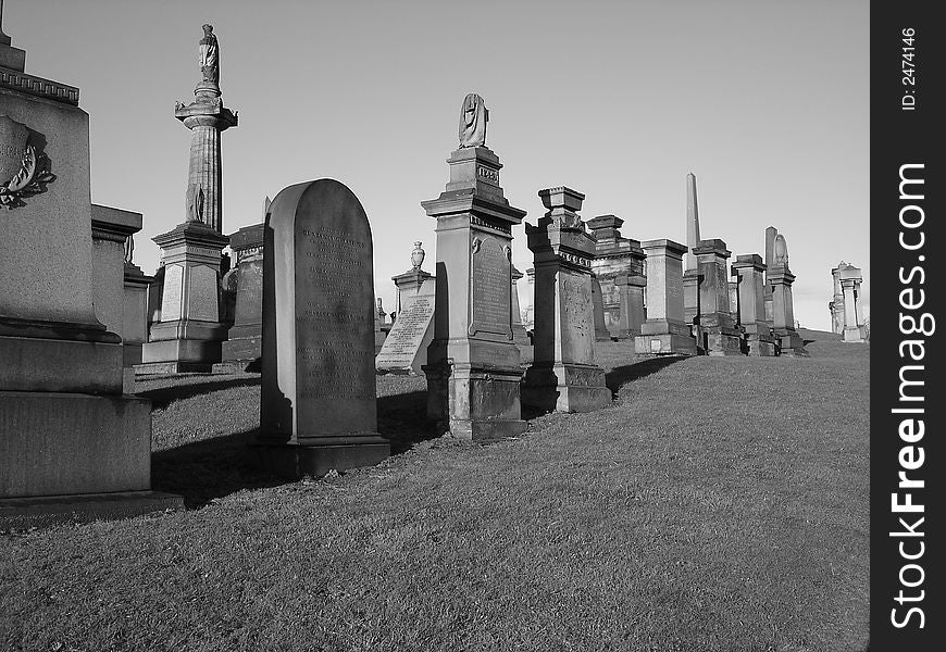 Cemetery in Scotland on a sunny day in black and white