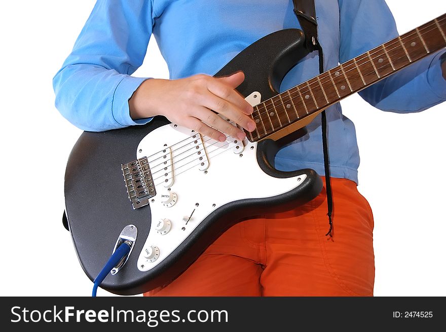 Woman playing Electric guitar isolated. Woman playing Electric guitar isolated
