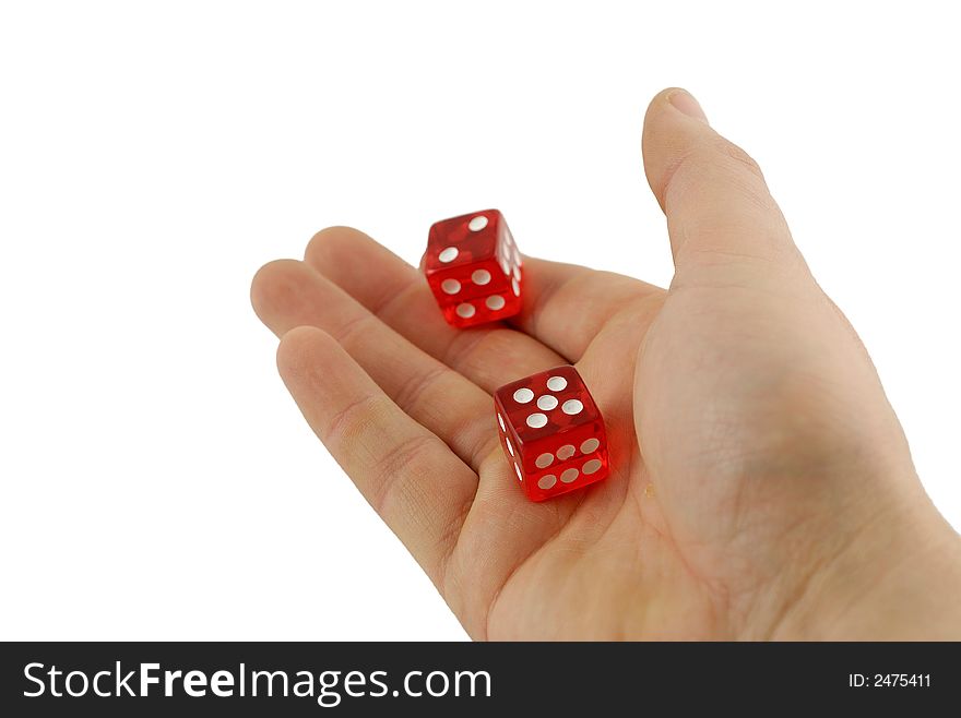 Hand holding two red dice. Hand holding two red dice