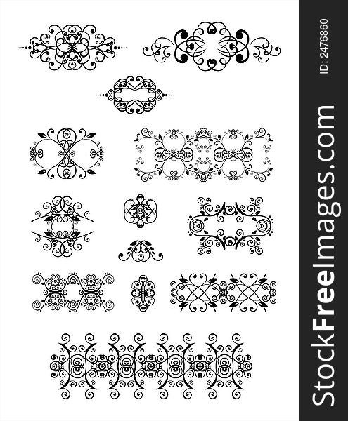 Black symmetric patterns from curls on a white background. Black symmetric patterns from curls on a white background.