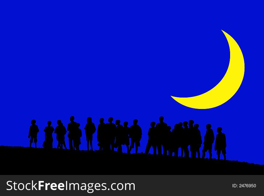 Silhouettes of young children in moonlight (with vector eps format)