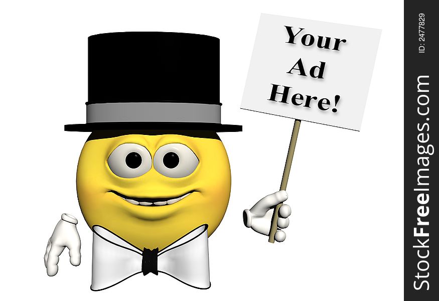 A smiling emoticon wearing a top hat and bow tie holds a sign just right for your ad. Computer Generated Image, 3D models. A smiling emoticon wearing a top hat and bow tie holds a sign just right for your ad. Computer Generated Image, 3D models.