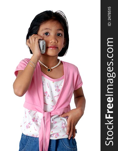 Cute child with handphone on the white background. Cute child with handphone on the white background