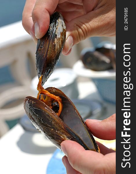 A man eating delicious mussels. A man eating delicious mussels