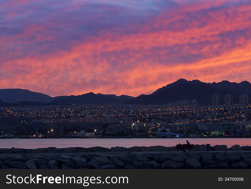 Sunset from northern beach of Eilat, Israel