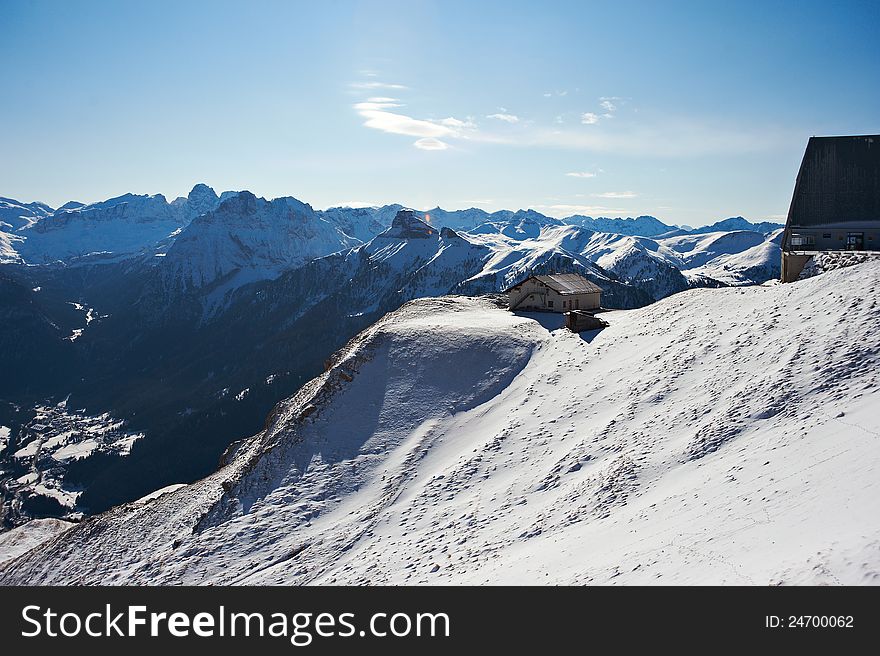 View of the Dolomites mountains in winter season