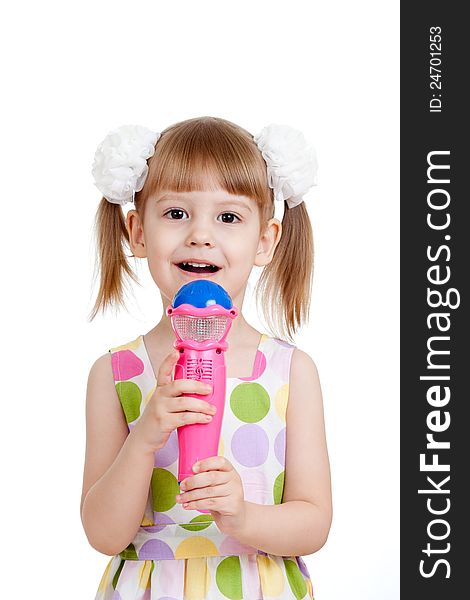 Little girl with toy. Isolated on white