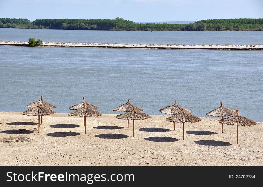 Beach constructed on Danube river side near Corabia city in Romania. Beach constructed on Danube river side near Corabia city in Romania