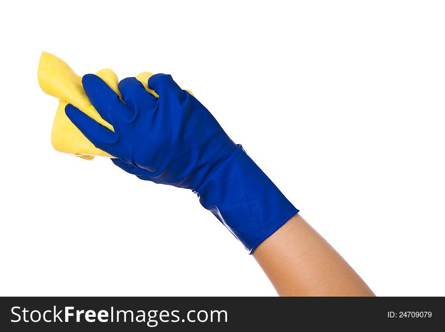 Hand holding a sponge isolated on white background. Cleaning